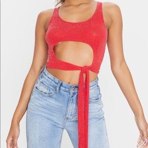 Red Textured Glitter Cut Out Tie Top
